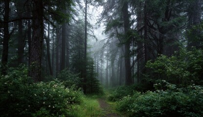 Obraz premium Serene Misty Forest Path with Tall Evergreen Trees Dense Green Foliage and Soft Morning Fog Creating Tranquil Nature Landscape