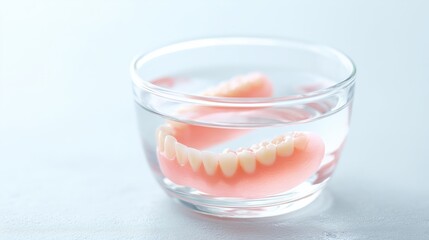 A pair of dentures soaking in a clear bowl of water, showcasing dental hygiene and care.