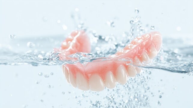 A pair of dentures floating gracefully in clear water, illustrating their use and maintenance for oral hygiene.