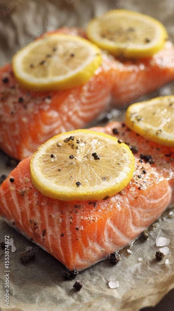 Poster fresh salmon filets topped with lemon slices on rustic wooden table.