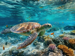 Fototapeta premium Vibrant underwater scene featu a swimming sea turtle among colorful coral reef and diverse marine life in clear ocean water