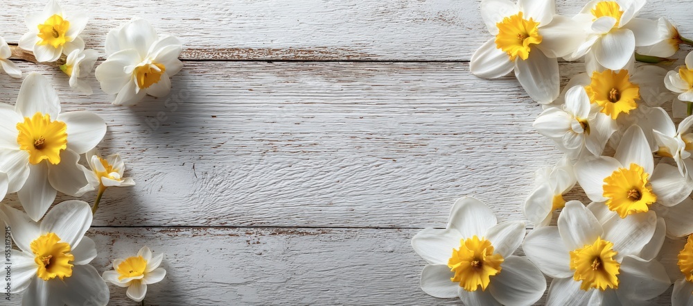 Poster beautiful white and yellow daffodil flowers arranged on a rustic wooden surface with space for text 