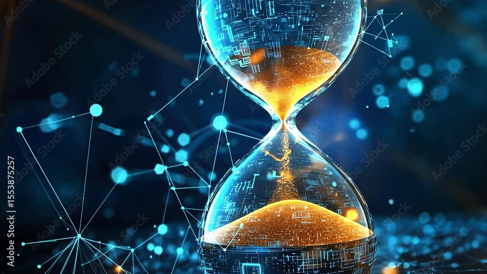 Poster golden sand flowing through digital hourglass, symbolizing time passing in abstract technological ne