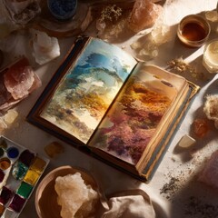 Open watercolor painting book on rustic surface with colorful pigment stones and brushes, artistic creative workspace for painting lovers