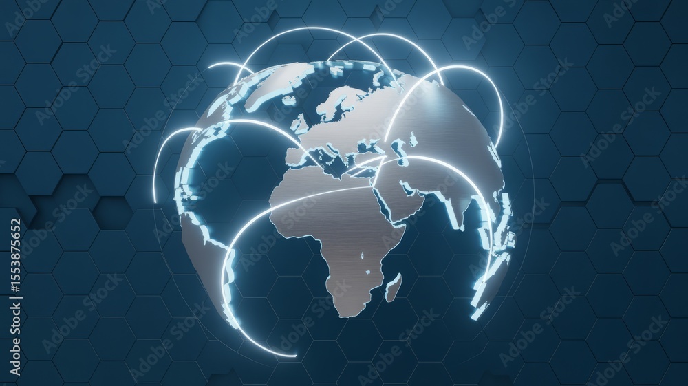 Poster global network connectivity depicted by a digital world globe with glowing connections over a backgr