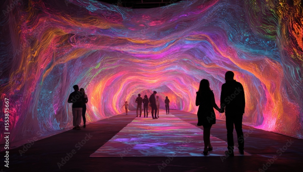 Poster long exposure photography of people walking through an illuminated colorful tunnel with dynamic swir