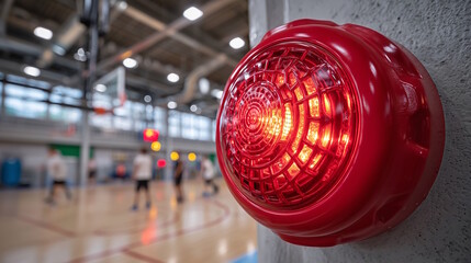 Emergency alarm light flashing in a gymnasium setting with blurred athletes playing basketball in the background, safety concept of sports facilities or emergency services