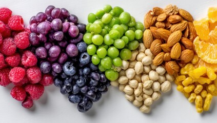 Assorted fresh and dried berries, nuts, and citrus slices arranged in rainbow order on white background for healthy snack and food presentation