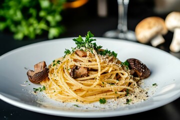 Delicious Spaghetti With Mushrooms and Herbs Served in a Modern Restaurant Setting
