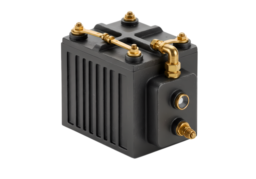 Closeup of a Dark Gray Industrial Component with Brass Fittings isolated on transparent background