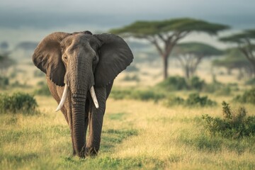 Majestic African elephant standing alone in vibrant green savannah landscape with acacia trees under blue sky du daytime