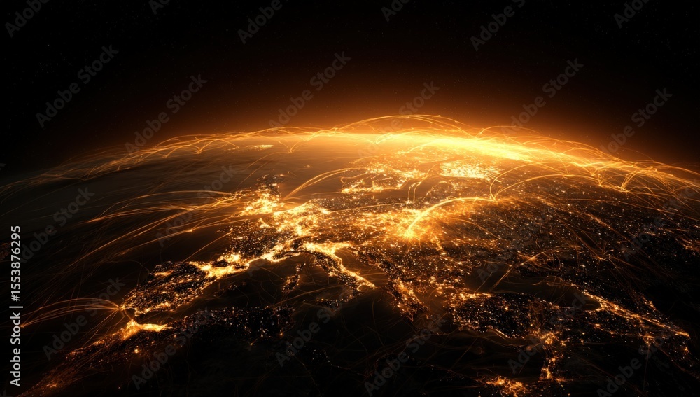Poster stunning view of earth from space at night showing illuminated cities and glowing landscapes across 
