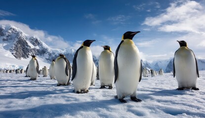 Fototapeta premium Diverse group of Emperor penguins standing on icy Antarctic landscape with snow-capped mountains under a partly cloudy sky du daytime