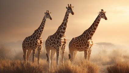 Fototapeta premium Three Tall Giraffes Standing in the African Savannah at Sunset with Golden Light and Misty Horizon Calm Wildlife Scene