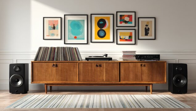 Modern living room with vintage wooden media console displaying vinyl records and colorful abstract artwork on wall