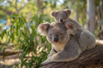 Cute koala bears resting on tree branch in natural eucalyptus forest setting du daytime with soft lighting and vibrant greenery background