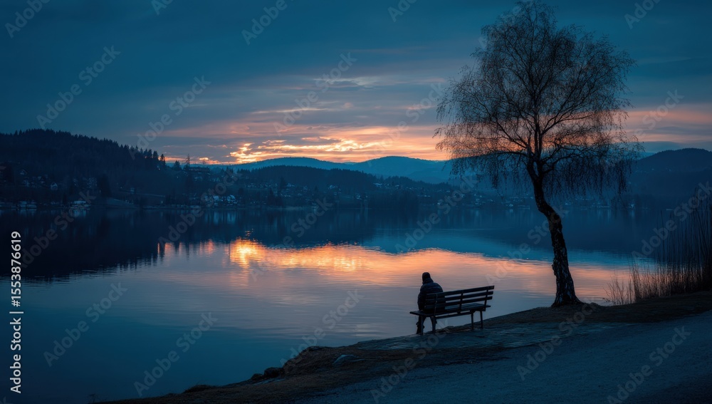 Poster serene landscape view of calm lake at sunset with lone person sitting on bench under tree by distant