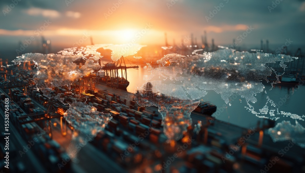 Poster modern digital cityscape with illuminated interconnected network over harbor at sunset illustrating 