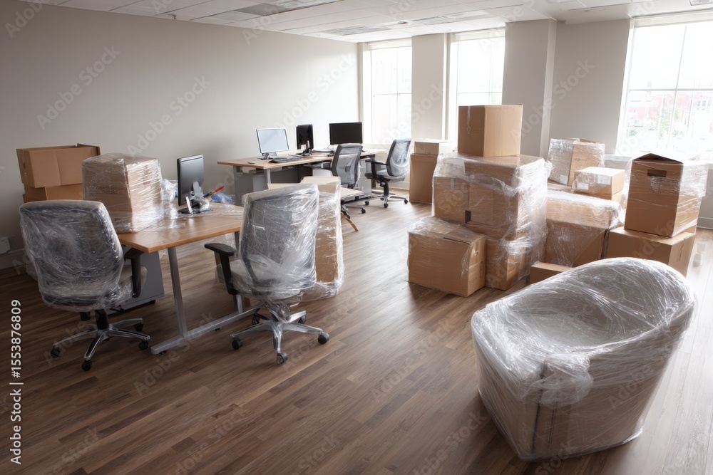 Aufkleber Modern office space with multiple desks chairs and computer monitors in a bright open-plan layout du setup and furniture arrangements