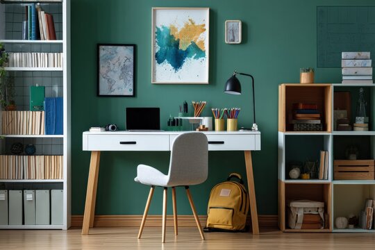 Modern home office workspace with white desk gray chair colorful art paintings on teal wall bookshelf storage and supplies