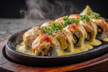 Fototapeta premium Delicious gourmet sushi roll with fresh fish creamy sauce garnished with herbs served on hot black sizzling stone platter with steam rising