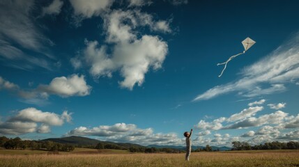 Fototapeta premium Wide-angle scenic landscape with a person flying a kite in an open field under a blue sky filled with clouds and distant hills in the background