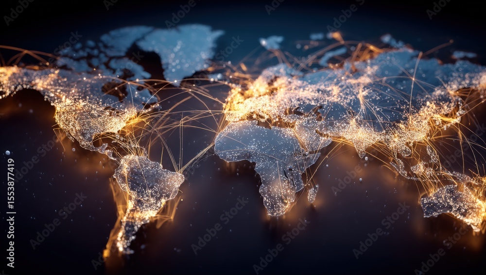 Poster Vibrant illuminated global map highlighting interconnected countries and cities with glowing network lines emphasizing worldwide connectivity and digital communication