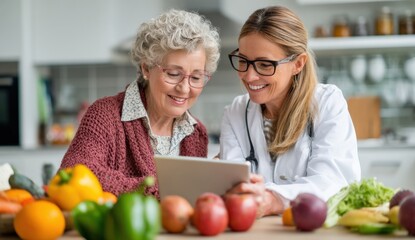 Ca elderly woman and young female nutritionist or dietitian smiling and consulting using tablet device in bright modern kitchen with fresh vegetables