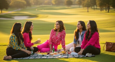 group of five young indian women enjoying picnic on green lawn with snacks and drinks during golden hour. autumn gathering, outdoor relaxation. joyful lifestyle
