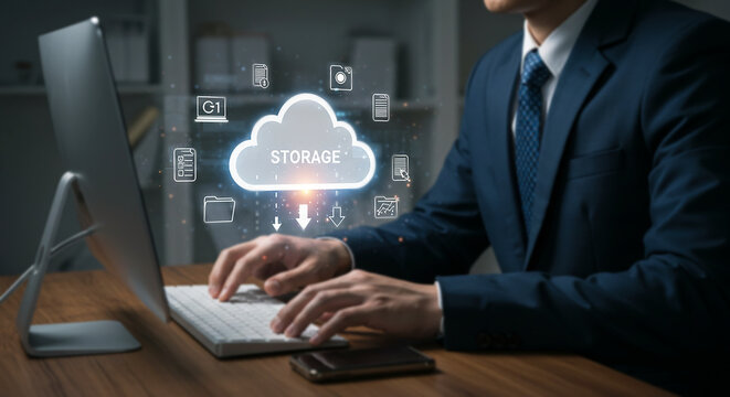 Digital Cloud Connection: A business person, deep in concentration, interacts with a virtual cloud storage interface, showcasing data management and information flow in a digital landscape.