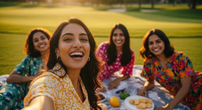 four young indian women enjoying picnic at park during sunset, smiling and sitting on blanket with snacks and fruits. friendship, outdoor leisure, summer social gathering, happy lifestyle