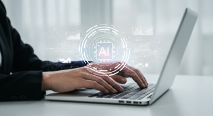 AI-Powered Productivity: A person's hands diligently type on a laptop keyboard, with a futuristic AI interface icon subtly overlaid, symbolizing seamless technological integration in modern work.