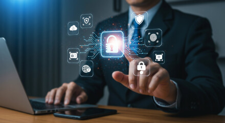 Digital Security: A person interacts with holographic digital security elements, emphasizing the concept of protection and data safeguarding.