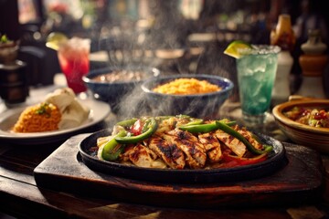 Delicious grilled chicken steak with green pepper slices served on a hot sizzling platter in a cozy restaurant with colorful drinks and side dishes