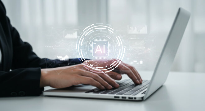 AI-Powered Productivity: A person's hands diligently type on a laptop keyboard, with a futuristic AI interface icon subtly overlaid, symbolizing seamless technological integration in modern work.