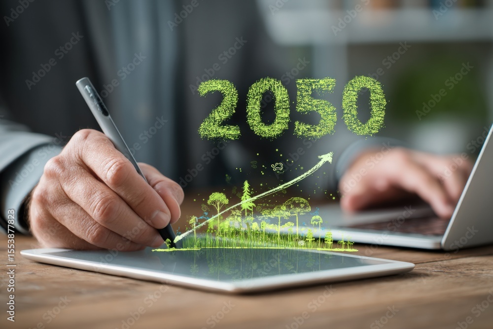 Poster business professional in a dark suit writing on a notepad with a stylus displaying green digital 205
