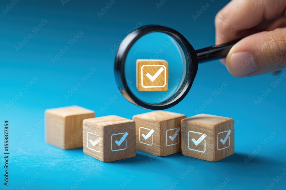 Poster Clear magnifying glass held by hand over wooden blocks with checkmarks and blue background emphasizing inspection and quality control concept