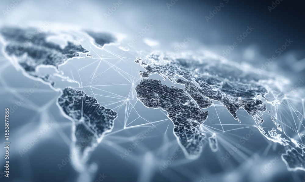 Poster Highly detailed digital world map with interconnected network lines illustrating global connectivity and technological communication networks