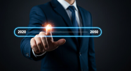 Business Vision: A determined professional charts a course through time, selecting a point in the future.