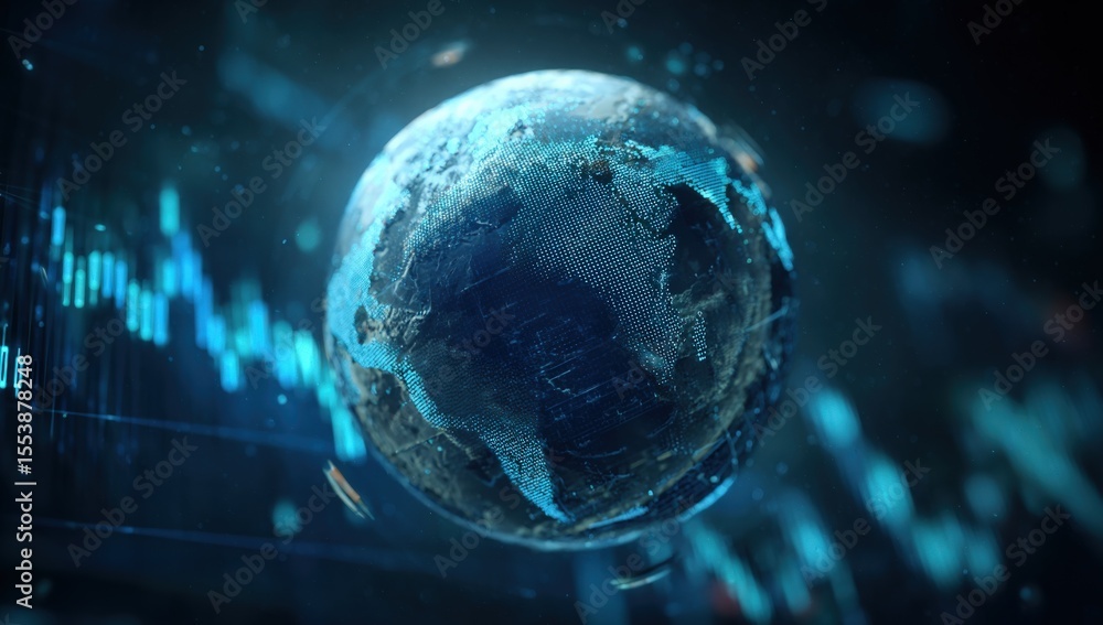 Poster highly detailed digital illustration of planet earth with global financial market data visualization
