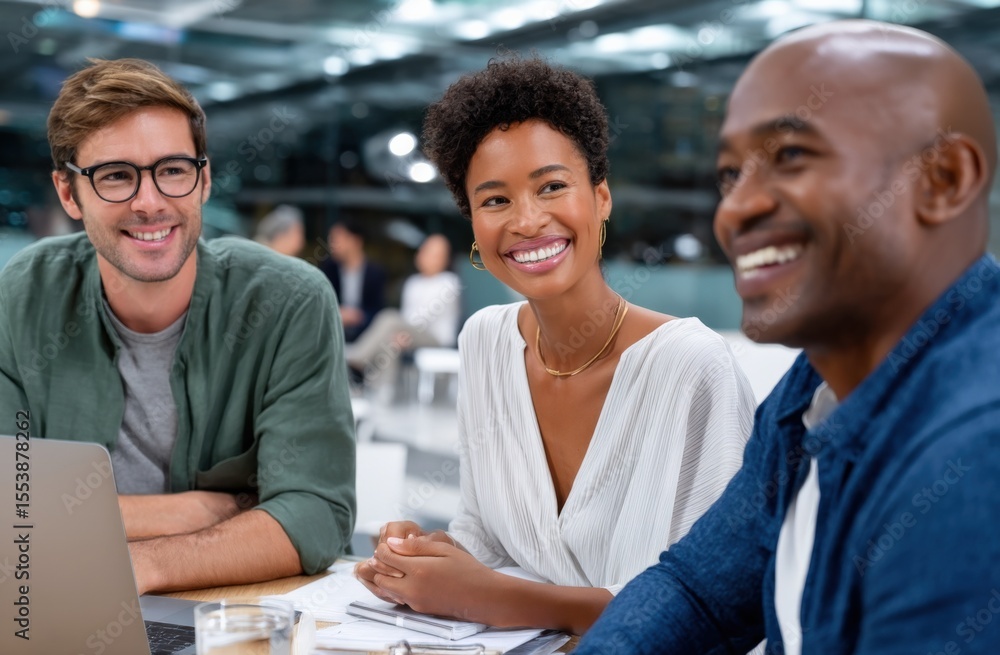 Poster group of diverse businesspeople engaged in friendly discussing and collaborating at modern office me