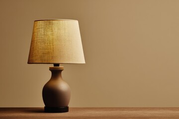 Elegant Classic Table Lamp with Beige Shade and Brown Ceramic Base on Wooden Surface Interior Decor Scene