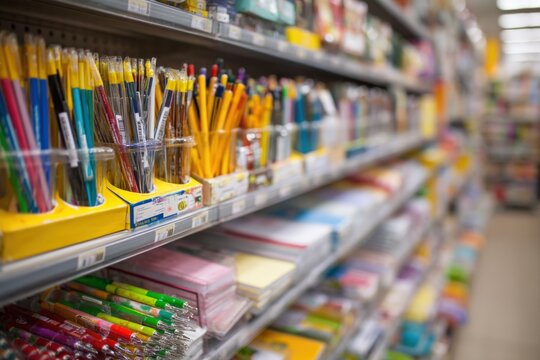 Wide-angle view of a well-organized stationery aisle in a retail store with colorful pens pencils notebooks and office supplies neatly arranged on shelves