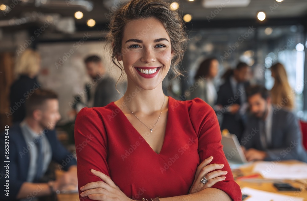 Poster confident young woman smiling confidently with arms crossed in a modern business meeting or networki