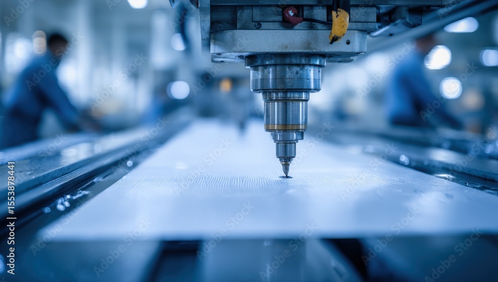 Poster Close-up of an industrial CNC milling machine CNC router drill tool performing precise manufactu machining process on metallic surface in a modern factory setting