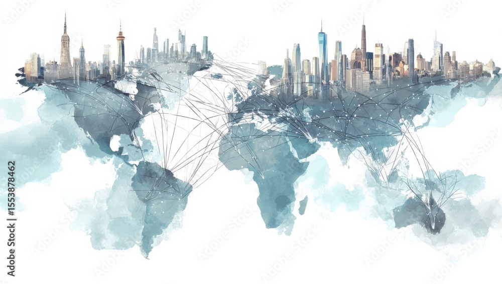 Poster Wide-angle watercolor map of the world with interconnected lines and digital network overlay featu major city skylines and global connectivity