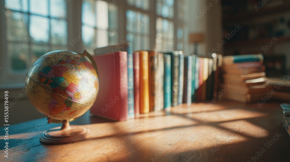 Poster educational reading space with bookshelf and globe in sunlit library for learning study and educatio