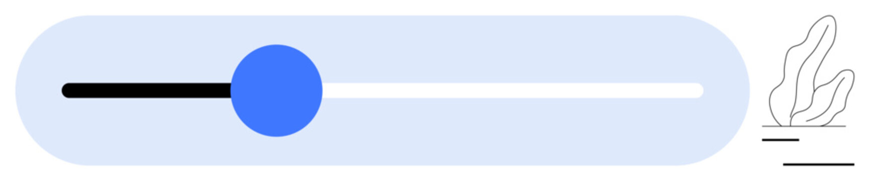 Volume slider with blue knob on gradient bar next to abstract plant sketch. Ideal for audio app, user interface, control panel, customization, minimal design, modern layout, simple landing page