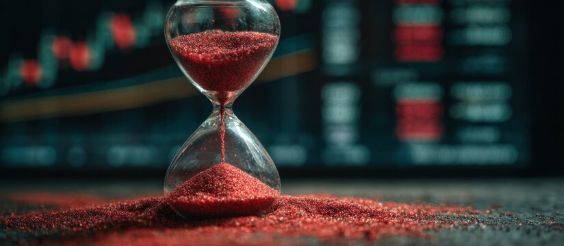 Close-up of an Hourglass with Red Sand Showing the Passage of Time against a blurred digital stock market screens Background