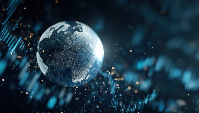 Detailed digital rende of Earth from space with glowing city lights and abstract streaks showing global connectivity and technological advancement